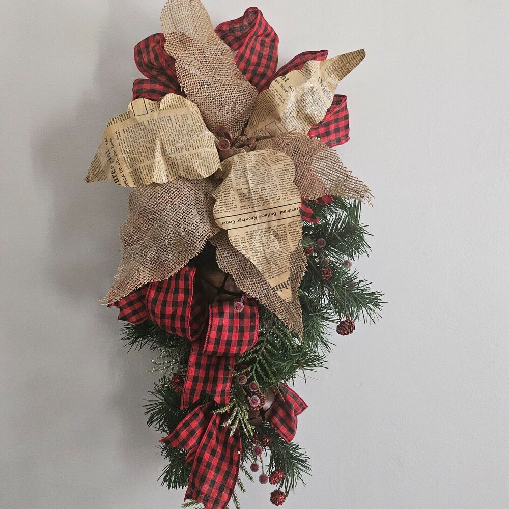 Christmas Burlap Poinsettia Door Decoration Swag ~ 30 in long